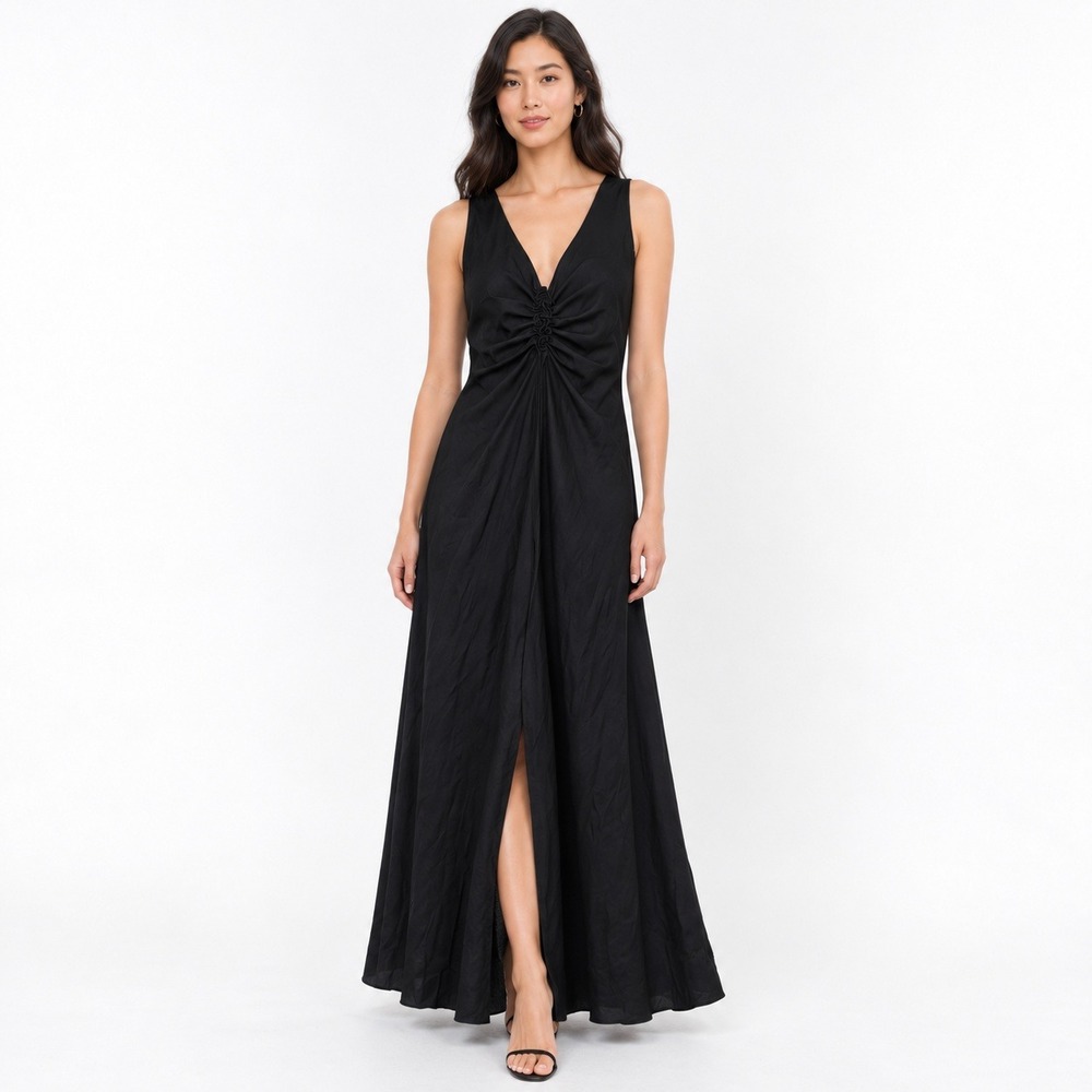 Armani Collezioni Maxi Dress 10 Black Silk Blend Ruched Formal Gown Quiet Luxury